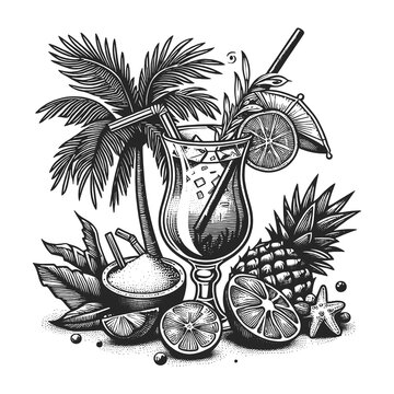 tropical cocktail surrounded by fruits and palm trees, depicting a beach vacation theme sketch engraving generative ai raster illustration. Scratch board imitation. Black and white image.