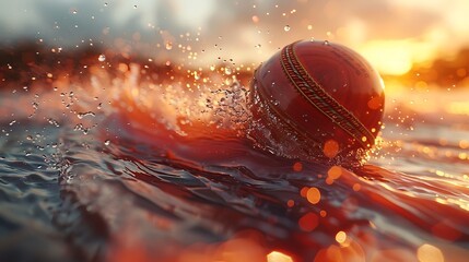 Get lost in the mesmerizing patterns of a cricket ball's seam, where precision meets unpredictability in a dance of spin and swing. - obrazy, fototapety, plakaty