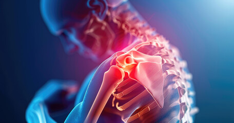 3D illustration of shoulder pain, closeup on the upper back with focus on an arthritic bone structure and joint area - obrazy, fototapety, plakaty