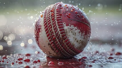Get lost in the mesmerizing patterns of a cricket ball's seam, where precision meets unpredictability in a dance of spin and swing. - obrazy, fototapety, plakaty