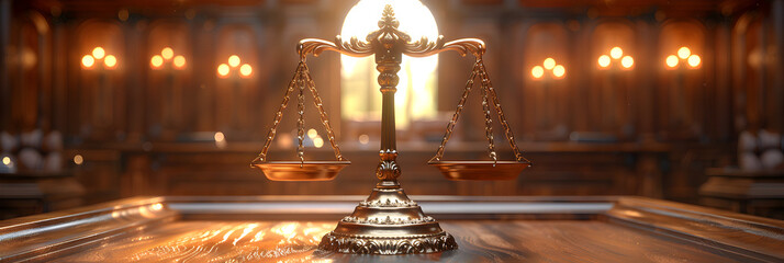 Hyper-realistic image of judge gavel and scale,
Judge gavel and scales of justice in the court hall
 - obrazy, fototapety, plakaty
