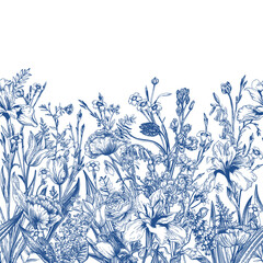 Seamless floral border.  Blue drawing. Blooming. Iris, tulip, bell, ranunculus, forest anemone, lilac, star of Bethlehem, clove.