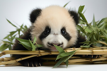 A curious baby panda wearing a bowtie, playing with bamboo sticks on a white background.