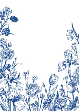 Fototapeta Blue spring card with garden and forest flowers. Wedding invitation. Engraving style.