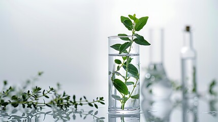 Laboratory glassware with different plants on table against blurred background AI generated