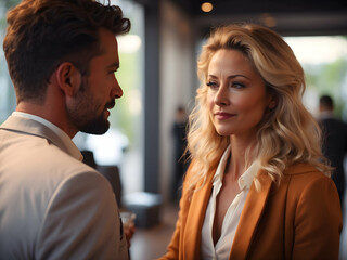 The image captures a professional conversation between a man and woman, highlighting their expressions and engagement