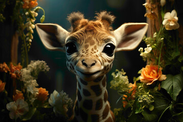 A curious baby giraffe with a bow around its neck, reaching for leaves on a green background.