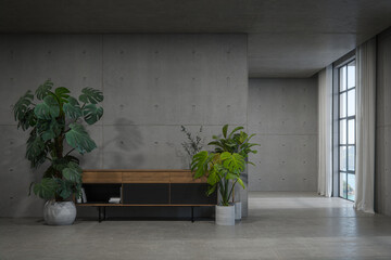 Empty concrete wall with cabinet and window. 3d rendering of interior space with sea background.