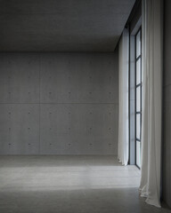 Empty concrete wall with window. 3d rendering of abstract interior space with sea background.