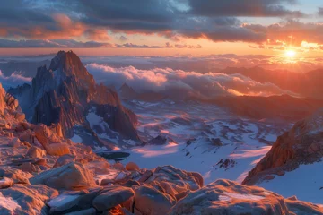 Foto op Canvas The last rays of sun ignite the snowy alpine landscape with a fiery glow, AI generated. © Denis Mamin