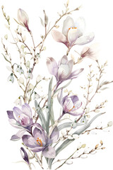 Watercolor crocuses on white spring background