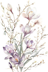 Fototapeta premium Watercolor crocuses on white spring background