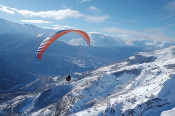 A paraglider is silhouetted against the breathtaking alpine glow of snow-laden mountains, AI generated.