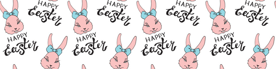 Happy Easter-Vector seamless pattern with inscriptions and simple colorful drawings of face of cute rabbit girl in flat style. Holiday background and texture