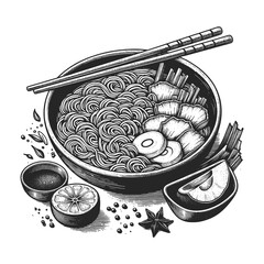 Asian Ramen noodle soup in a bowl with chopsticks, accompanied by various seasonings sketch engraving generative ai raster illustration. Scratch board imitation. Black and white image.