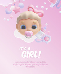 Fototapeta premium Baby shower. 3d vector illustration of a poster with space for text.