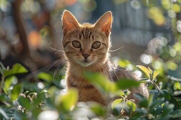 A young cat's eyes captivatingly peek through a sunlit urban green space, blending wilderness with city life. AI Generated