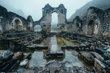 Foto op Canvas The eerie silence of a fog-enshrouded historic complex invites exploration and contemplation of its past glory. AI Generated © Denis Mamin