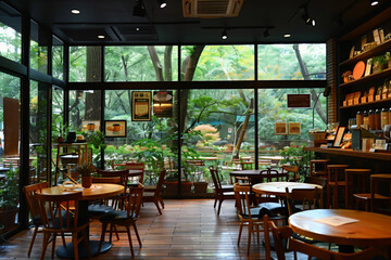 An inviting café seamlessly blends with nature, showcasing a vibrant garden view through panoramic windows, merging urban with green. AI Generated.