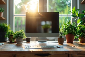 Warm sunlight filters through a window onto a home office desk surrounded by vibrant green houseplants, creating a lively workspace. AI Generated. - obrazy, fototapety, plakaty