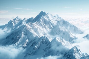 AI created image of towering snow-covered mountains rising above a dense cloud cover under a clear blue sky. AI Generated