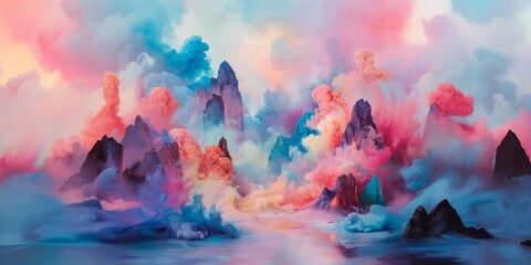 Fantasy Rocky Landscape with Colourful Clouds and Mist