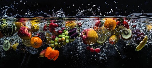 Many fruits and vegetables fall into the water on a black background. generative ai