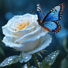 Blue Butterfly on a Dew Covered White Rose 