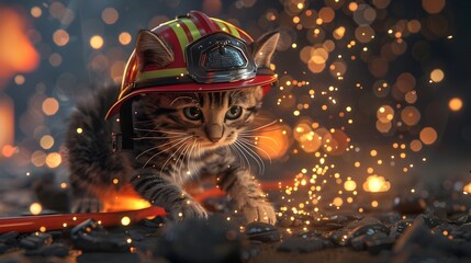 a brave kitten dons a firefighter's helmet