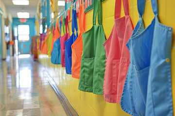 Nursery school aprons in a Kindergartencorridor
 - obrazy, fototapety, plakaty