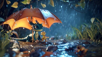 a pair of dragonkin find shelter under an umbrella - obrazy, fototapety, plakaty