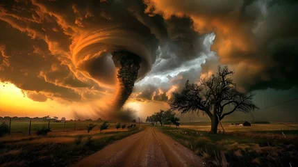 Foto op Plexiglas a majestic tornado spiraling across the prairie at sunset © Cookiezkiez