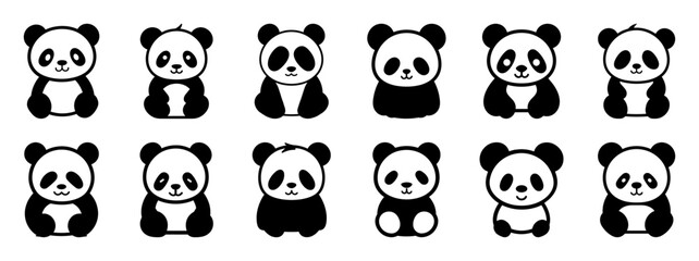 Panda silhouettes set, large pack of vector silhouette design, isolated white background.