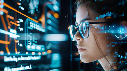 Cybersecurity Expert Female focusing on data analysis or programming work with ai holographic big screen, Ai Futuristic world concept, artificial intelligence
