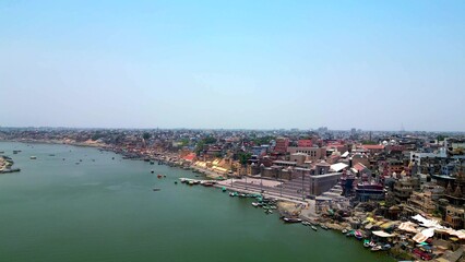 Fototapeta na wymiar Aerial view of Varanasi ganga ghat and temple 
