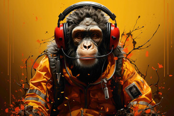 A contemporary monkey with electronic features against a vibrant yellow backdrop, swinging through the trees and embodying the playful adaptation of wildlife in the technological age.