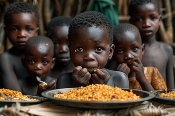 Group of african children eating meager food with their hands from a metal plate