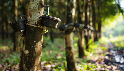 collecting rubber sap on a plantation close-up