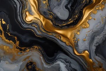 Abstract fluid art painting in alcohol ink technique, mixture of black, white and gold paints