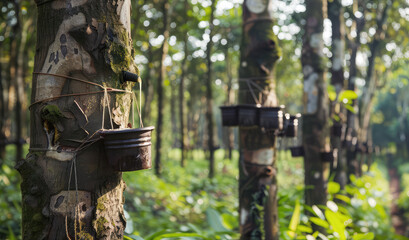 collecting rubber sap on a plantation close-up - obrazy, fototapety, plakaty