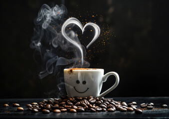 A cup of coffee with steam forming the shape of an elegant heart, on top of scattered beans