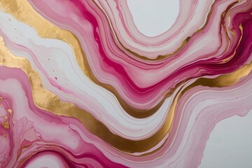 Abstract fluid art painting in alcohol ink technique, mixture of pink, white and gold paints