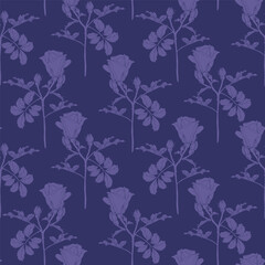 Fototapeta na wymiar Little roses silhouette flower with leaves. Violet hand drawn floral seamless pattern for textile, floral greenery for surface design of fabric, wallpaper, scrapbook. Vector background.