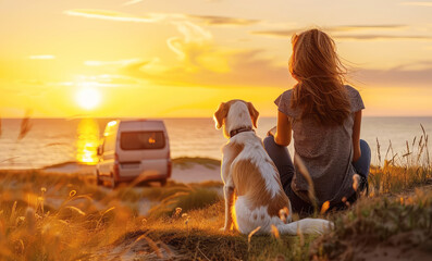 young woman with a dog sits on the coast next to a campervan and enjoys the sunset and evening breeze