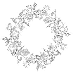 Wild roses flower with leaves circle wreath. Black ink line art hand drawn illustration for card, logo or wedding invitations, coloring book. Elegance vector, isolated on white background