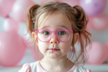 Portrait of a cute little Caucasian girl child staring through her fancy spectacles dressed up in pink for a party