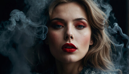 Woman with red lips close up in smoke of cigarettes'