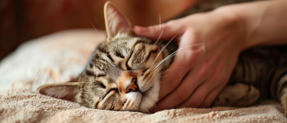 Close up of cute  fur cat. Female hand petting  and hugging cute kitten pet. Cozy evening, domestic relax ambience at home.