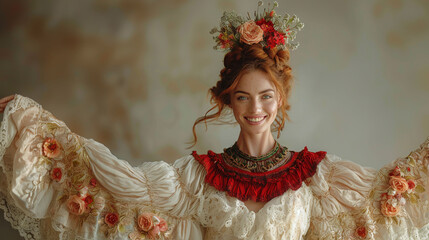 Joyful woman in ornate historical dress and floral crown, vintage ambiance. Renaissance fashion and beauty concept for design and print. Warm-toned portrait with textured background and copy space