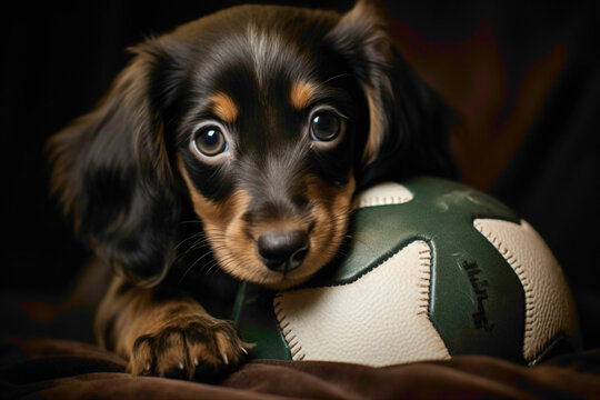 A close-up shot of a small dachshund puppy with adorable floppy ears, nuzzling a deflated football with curiosity. The shallow depth of field blurs the background, emphasizing 